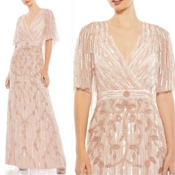 MAC DUGGAL
Pink Embellished Cap Sleeve Faux Wrap Trumpet Gown size 8. - Picture 1 of 17